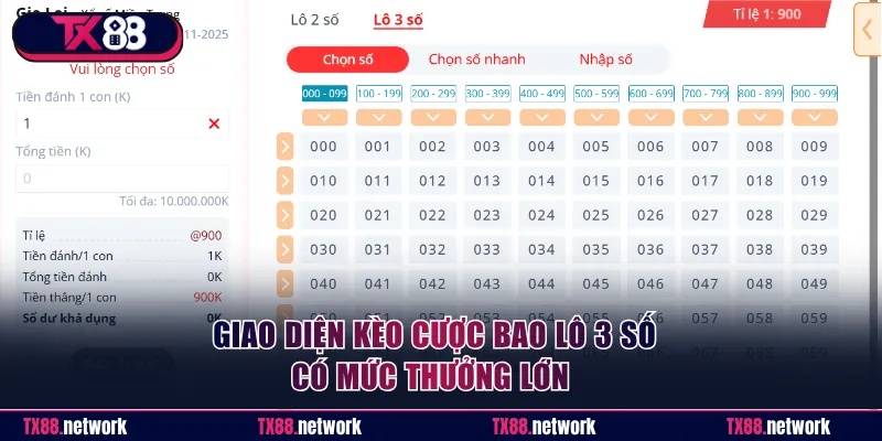 Giao diện kèo cược bao lô 3 số thưởng lớn 