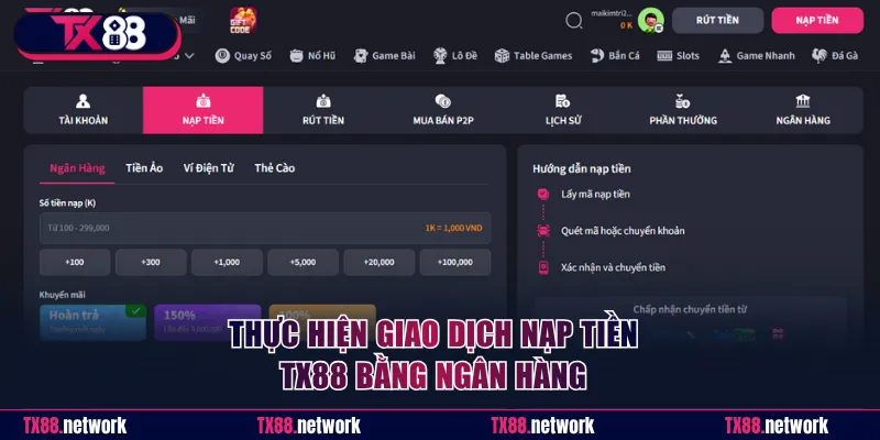 Thực hiện giao dịch nạp tiền TX88 bằng ngân hàng